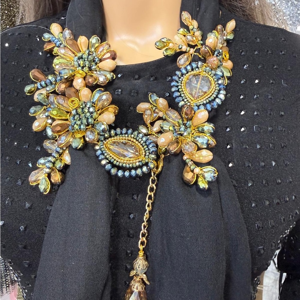 Statement Necklace Scarf with Beaded Floral Design